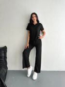 Osy Modal Yumuşak Dokulu Kumaş Kısa Kollu Yakalı T-shirt Pantalon Ikili Takım- Siyah resmi